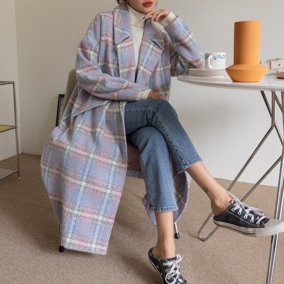 Multicolor Casual Plaid Women's Lapel Neck Single Button Overcoat Jacket - Picture 7 of 8